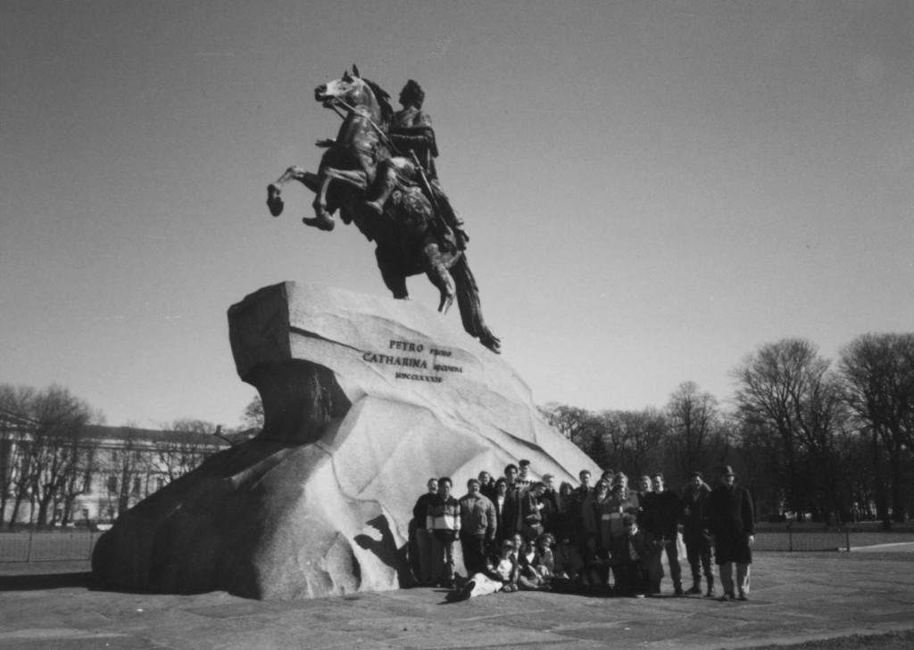 Butrimas and her students strike a pose at the Statue of Peter the Great in Russia.
