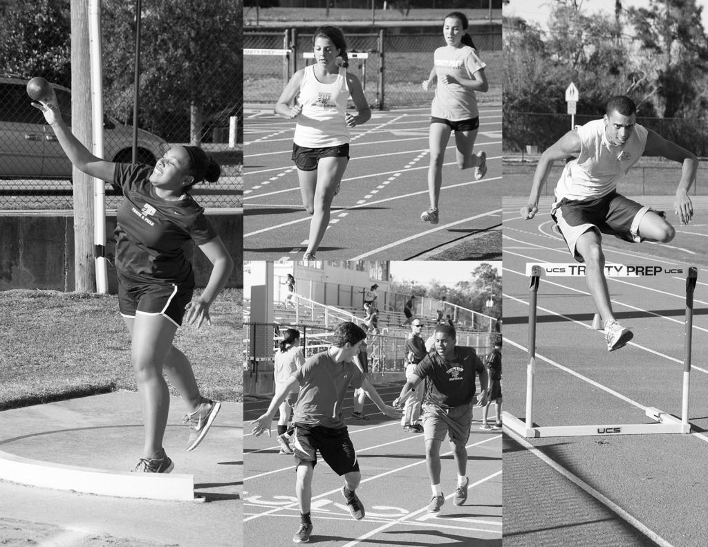 Sydney Monroe, Sofia Pisello, Rose Millson, Byran Howard, George Perkins and Jordan Frazier practice separately during a track and field practice.
