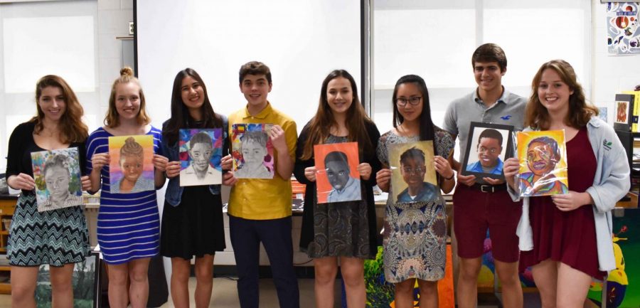 (Left to right) Ava Hickman, Grace Parker, Mandy Feenstra, Trent Bangle, Gianna Aceto, Thanh Van Pham, Jared Christopher and Carolyn Lightsey of the National Art Honor Society use their talents to create individual potraits of orphans from around the world.
