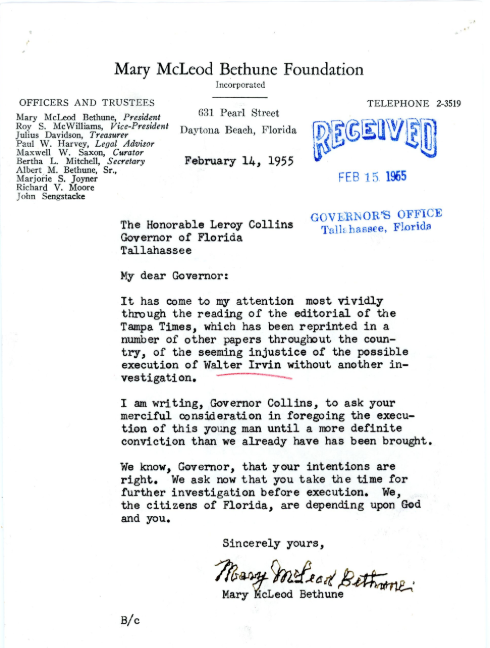 After Irvin was convicted of rape and sentenced to the death penalty, the NAACP worked to reduce his sentence, as seen in this letter to Governor LeRoy Collins from Mary McLeod Bethune.