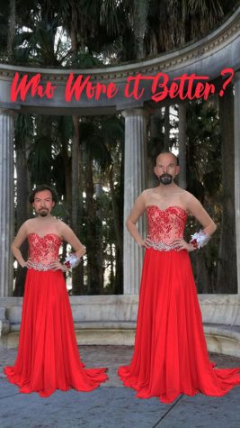 Math teacher Gene Dennis and Science teacher Michael Arney pictured in the same Lulus dress at Kraft Azalea Garden.