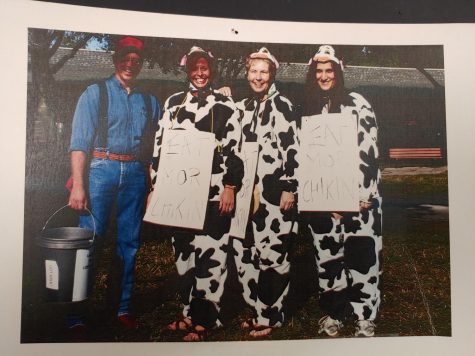 Jones (far left) dresses up as a farmer for Spirit week, with fellow teachers as the Chick-Fil-A cows.