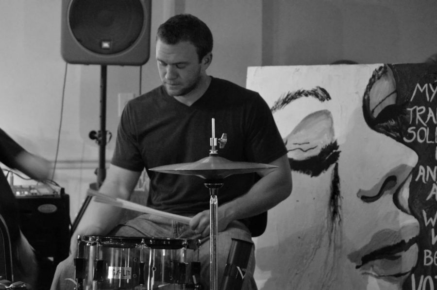 Reilly playing drums for his church.
