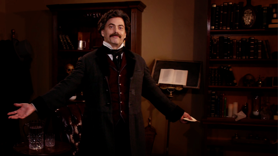 Actor Stephen Lane performs on the set of the Orlando Shake’s “Poe: Deep Into that Darkness Peering.” The actor recorded the play in short takes, with the help of family.