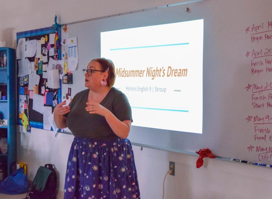 Mrs. Stroup, Honors English 9 and 10 teacher, tells her students about the book "A Midsummer Night's Dream" by William Shakespear. She is leaving Trinity after four years and will be missed by members of Diversity Club as well as her students. 