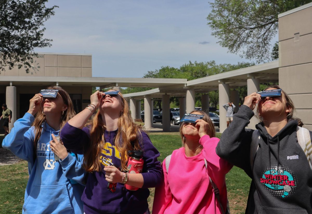 On+April+8th%2C+Campbell+Alch+27%2C+Victoria+Moore+27%2C+Caitlin+Von+Weller+27+and+Isabella+Earl+27+view+the+solar+eclipse+on+campus+with+special+glasses+purchased+and+distributed+by+the+school.