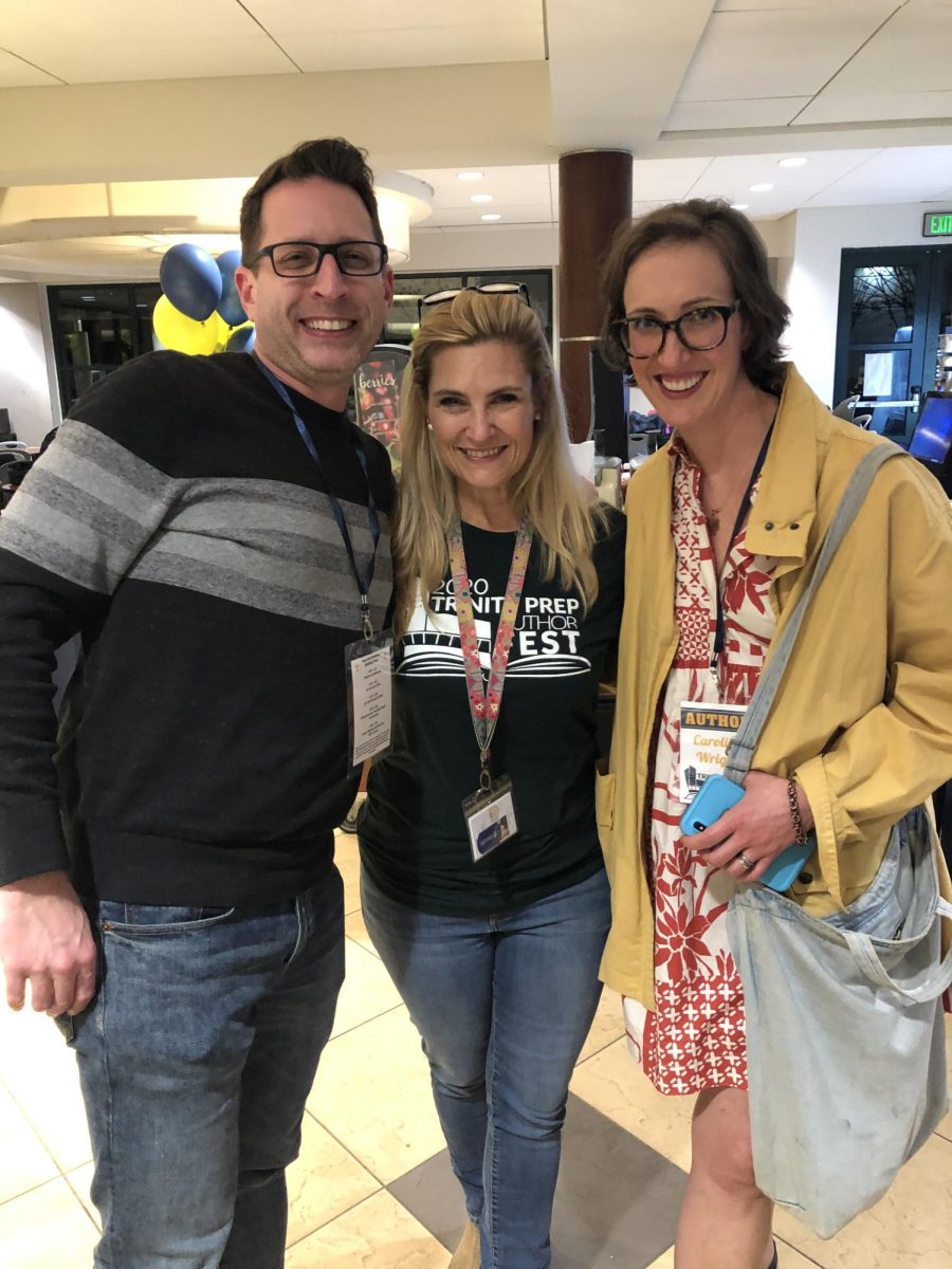 English teacher Georgia Parker pictured next to author Shaun David Hutchinson (left) and TPS alum and author Caroline Wright  (right) during the 2021 Author Fest. 