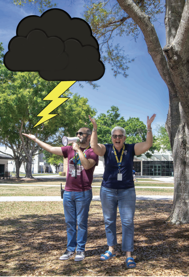 McGimsey and Bonday yell at students across the quad to take
cover from the “extremely dangerous” lightning.
