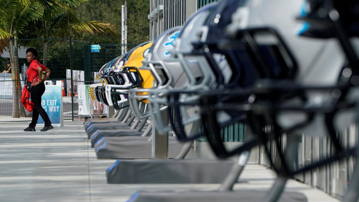 Oversized football helmets surround the convention center as the city hosts Super Bowl LIIV in Miami, Florida, U.S., January 31, 2020. REUTERS/Mike Blake
