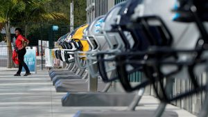 Oversized football helmets surround the convention center as the city hosts Super Bowl LIIV in Miami, Florida, U.S., January 31, 2020. REUTERS/Mike Blake