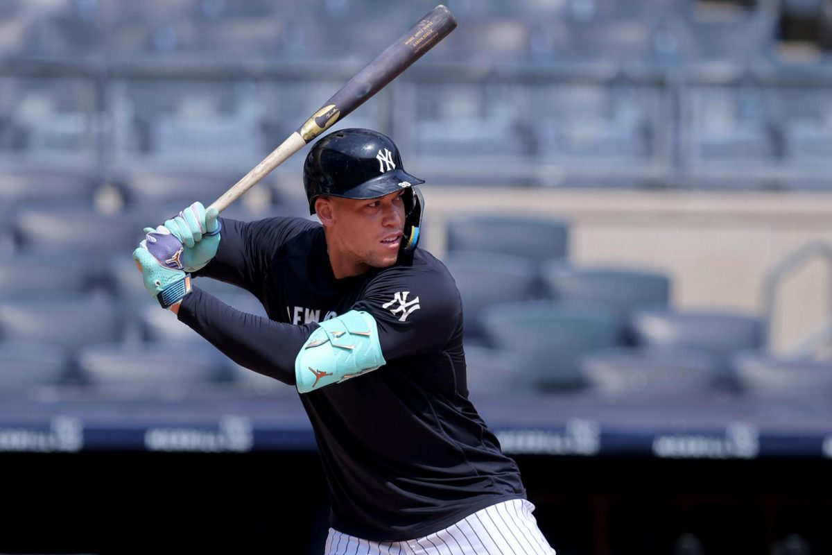 Jul 31, 2025; Bronx, New York, USA; New York Yankees injured right fielder Aaron Judge (99) takes live batting practice before a game against the Tampa Bay Rays at Yankee Stadium. Mandatory Credit: Brad Penner-Imagn Images