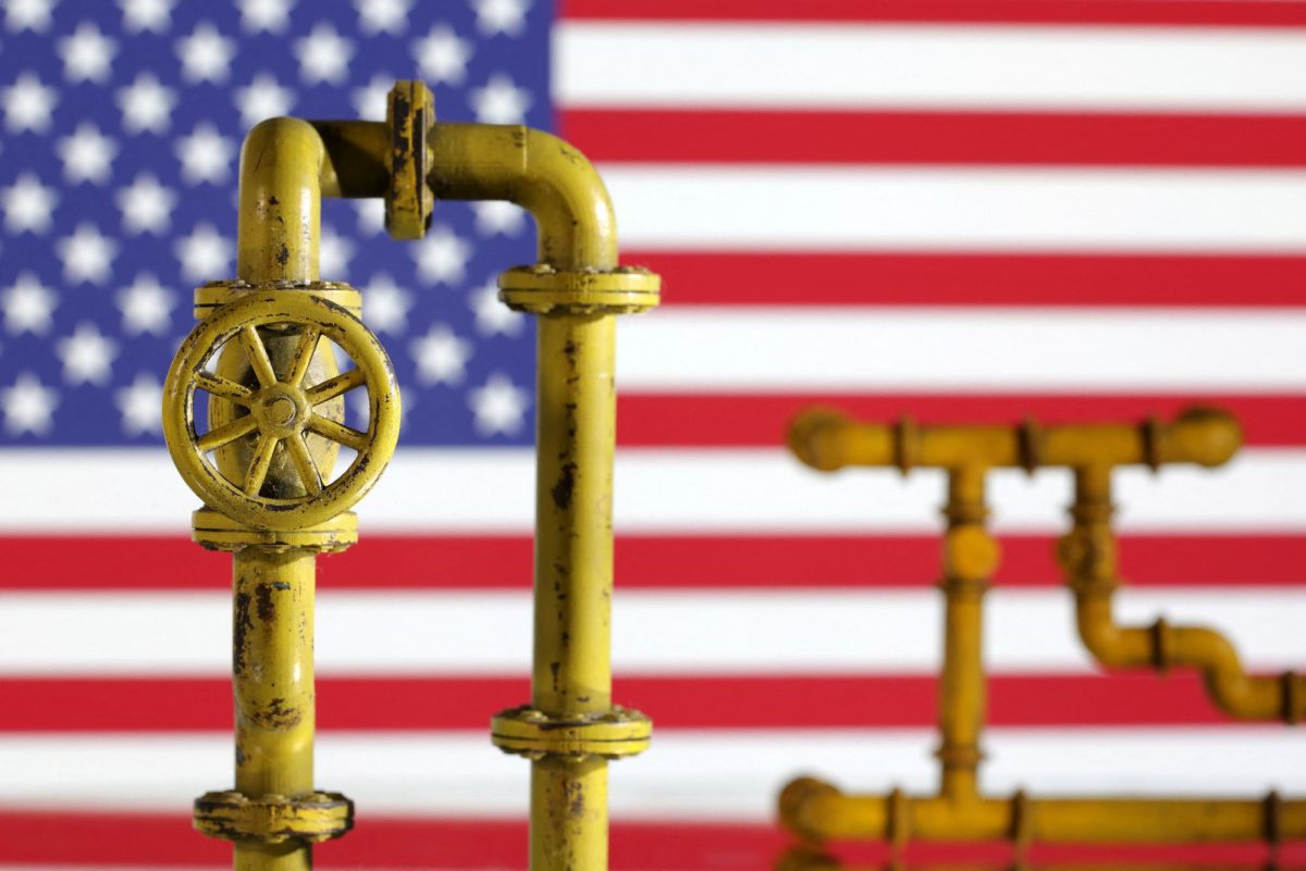 Model of natural gas pipeline and U.S. flag, July 18, 2022. REUTERS/Dado Ruvic/Illustration