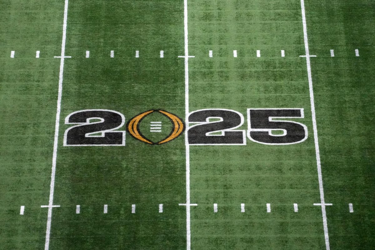 Jan 19, 2025; Atlanta, GA, USA; The College Football Playoff National Championship logo on the field at Mercedes-Benz Stadium. Mandatory Credit: Kirby Lee-Imagn Images