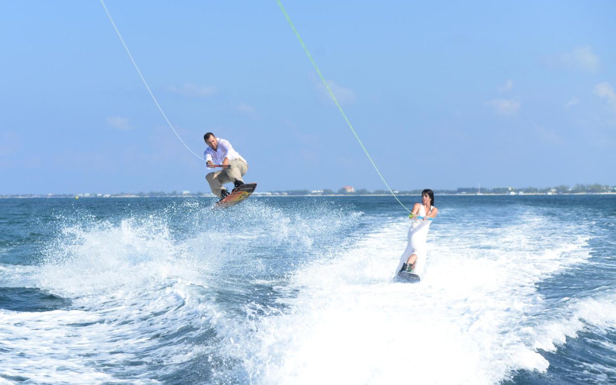 LeBeau and her husband after their wedding wakeboarding in the Cayman Islands. Courtesy of Diane LeBeau, used with permission.
