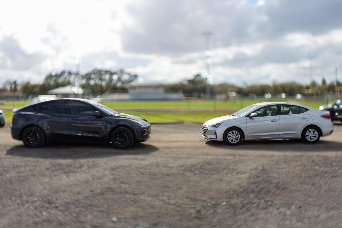 Srian Kondapalli ’28 faces Spencer Scherer ’28 with the 2024 Tesla Model Y and 2020 Hyundai Elantra, respectively.
