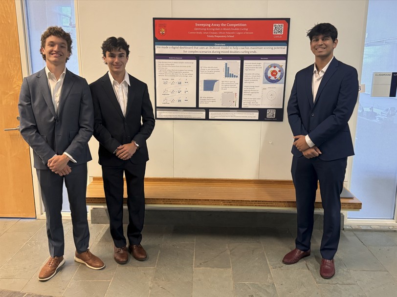 Olliver Polsinelli ‘26, Connor Brady ‘26 and Ishan Choksey ‘26 present their project at the Connecticut Sports Analytics Symposium from April 10 to 11. They received third place at the symposium. Photo courtesy of Donald Worcester.