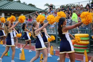 The varsity cheerleading team hypes up the crowd with various chants before and during a varsity football game.